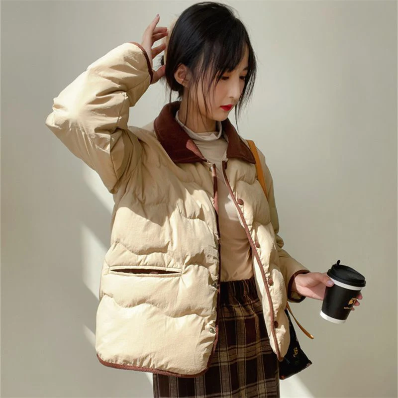 겨울 여성 느슨한 코튼 자켓 여성 새로운 대비 색 패치 워크 옷깃 자켓 한국어 간단한 두꺼운 따뜻한 긴 소매 파카