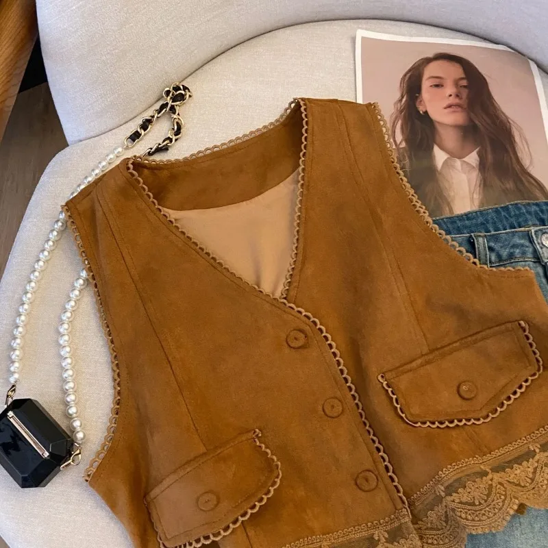 Lace Stitching kin Vest for Women Versatile Casual Loose Ethnic Style Cardigan