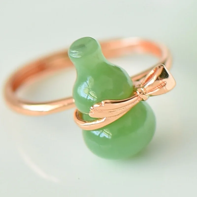SGARIT Natural Hetian Green Jade S925 Silver Fortune Ring 12*14mm Unique Hulu Gourd Bow Square Design Fine Texture Jadeite