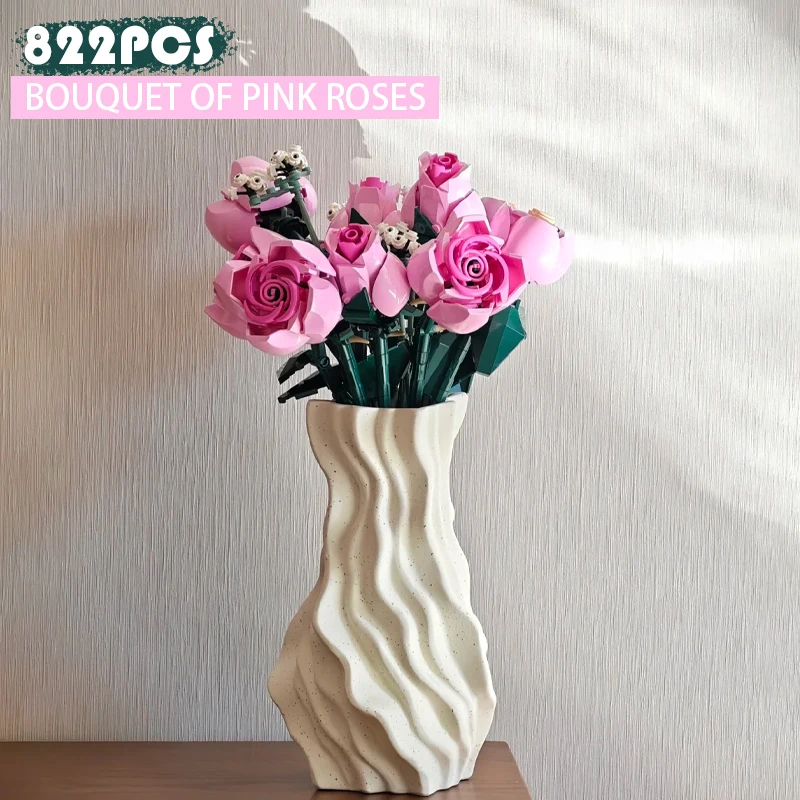 Bouquet de Roses roses compatibles 10374, décoration de maison, fleurs artificielles, blocs de Construction en briques, cadeau d'anniversaire et de noël