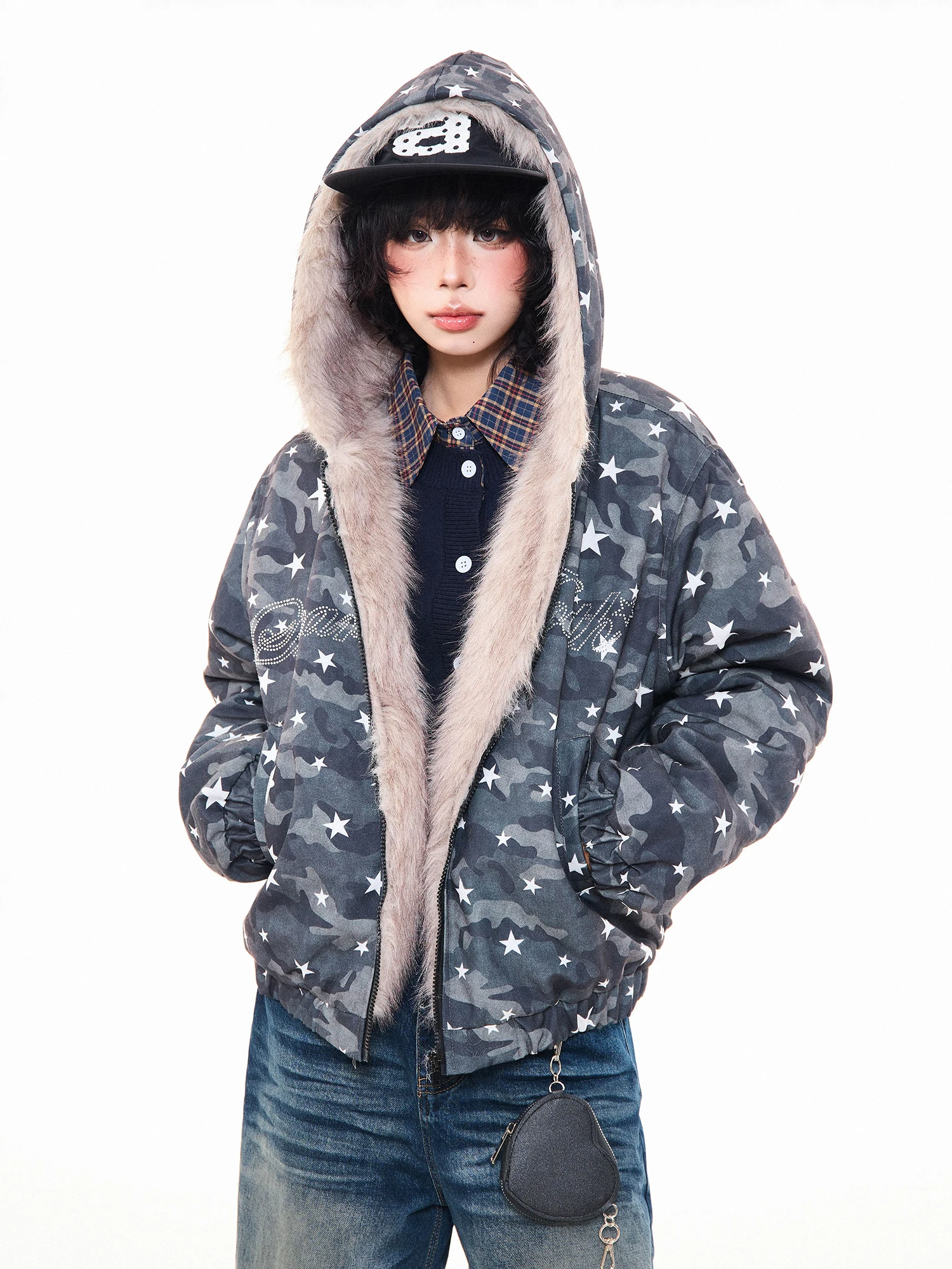 

Retro American Glitter Star Camouflage Hooded Jaet Women's Loose Autumn Winter New Sle MKGO Cotton Coat eepskin Jaet