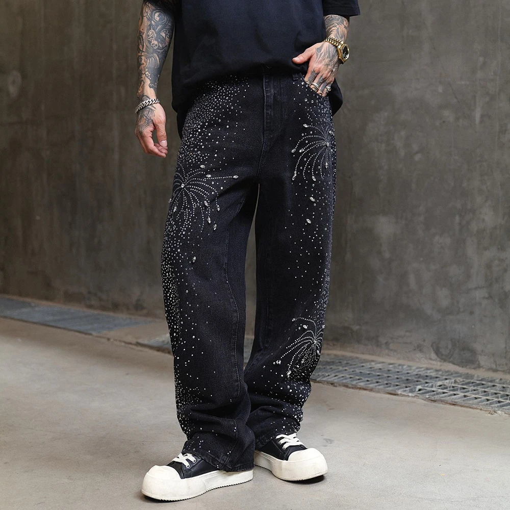 Men Crystal Denim Jeans Loose Rhinestone Black Pants Punk Hip Hop