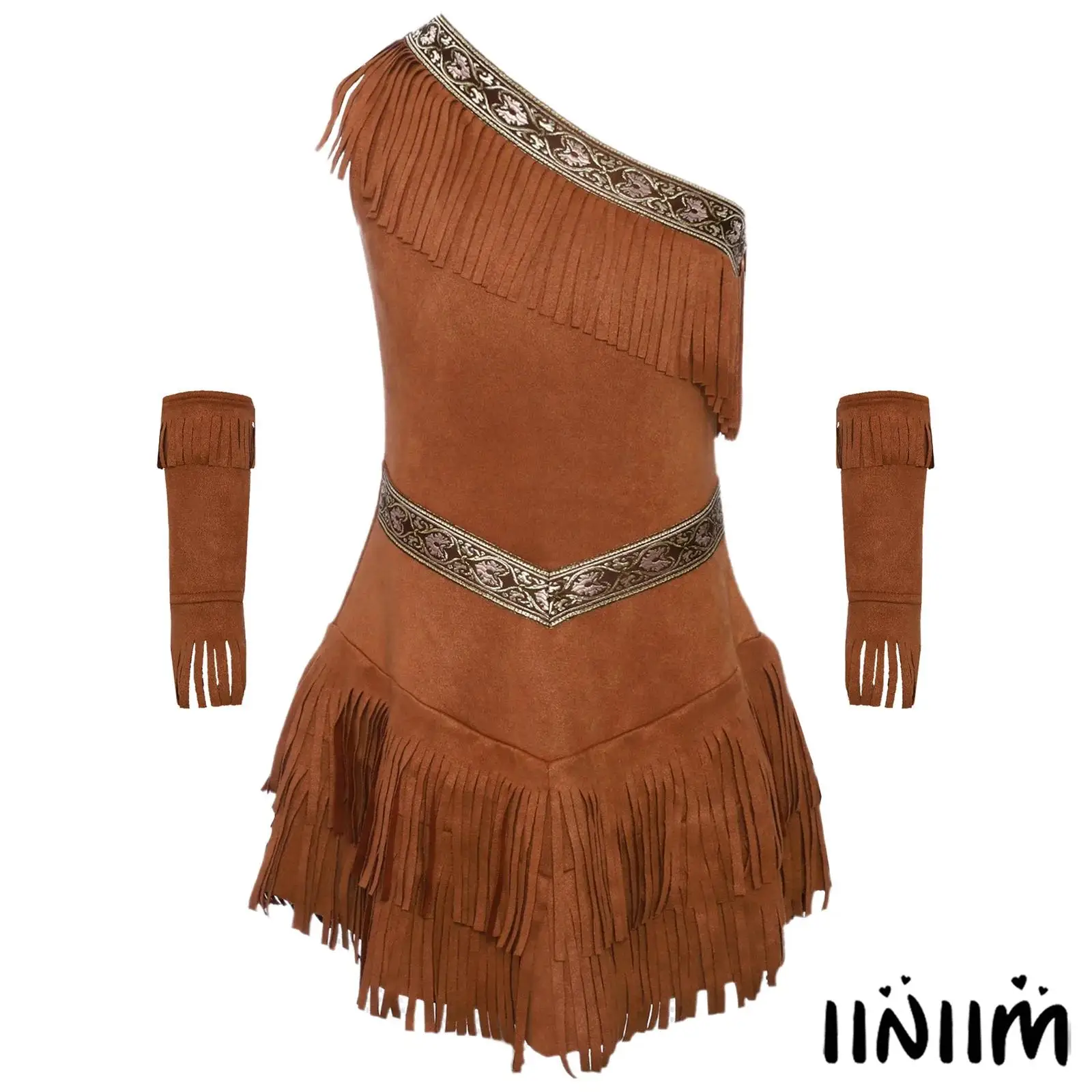 

Elegant Tribal Princess Outfit Suede Fabric Dress with Tassel Sleeves Set Girls Halloween Carnival Native American Cosplay Dress