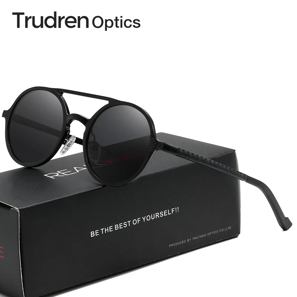 Trudren High Quality Men's Retro Double Bridge Round Sunglasses Custom Aluminum Vintage Circle Metal Polarized Sun Glasses 5534