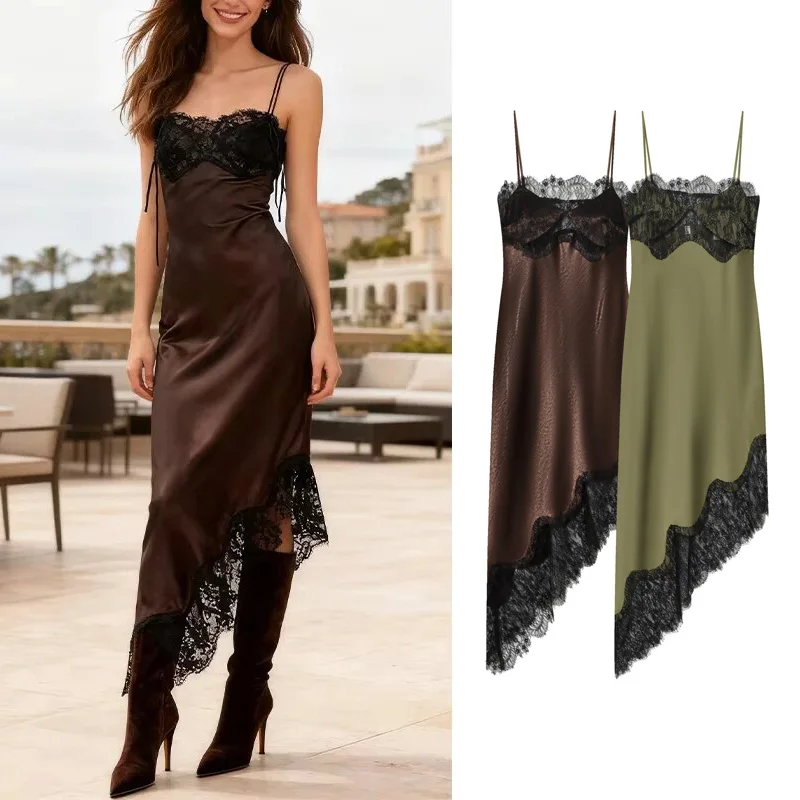 PRINTKAOIR Abito sottoveste in raso marrone da donna estivo con finiture in pizzo nero cinturino per spaghetti orlo asimmetrico elegante abito da sera