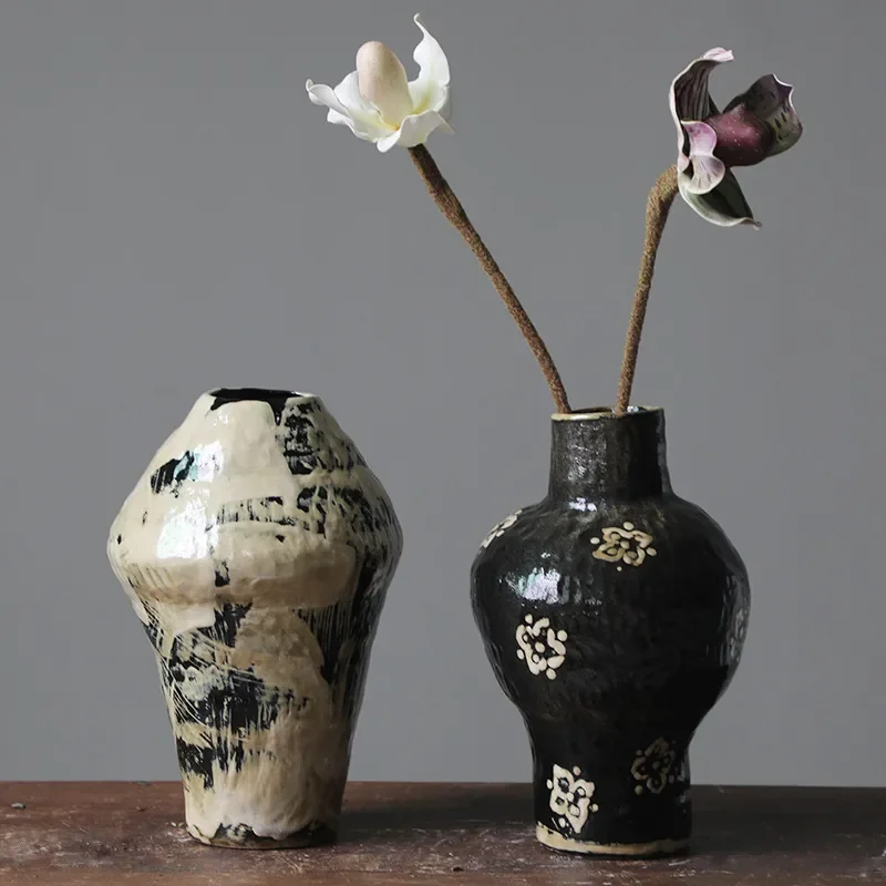 for New Chinese Style Guochao Ceramic Vase Coarse Pottery Flower Arrangement Retro Nostalgic Handmade Homestay Hotel Zen