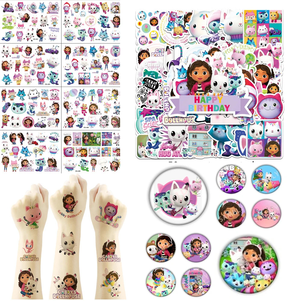 Gabby Dollhouse Cats Cartoon Tattoo Sticker Plastic Badge Party Favors For Kids Birthday Gifts For Girls Baby Shower Supplies