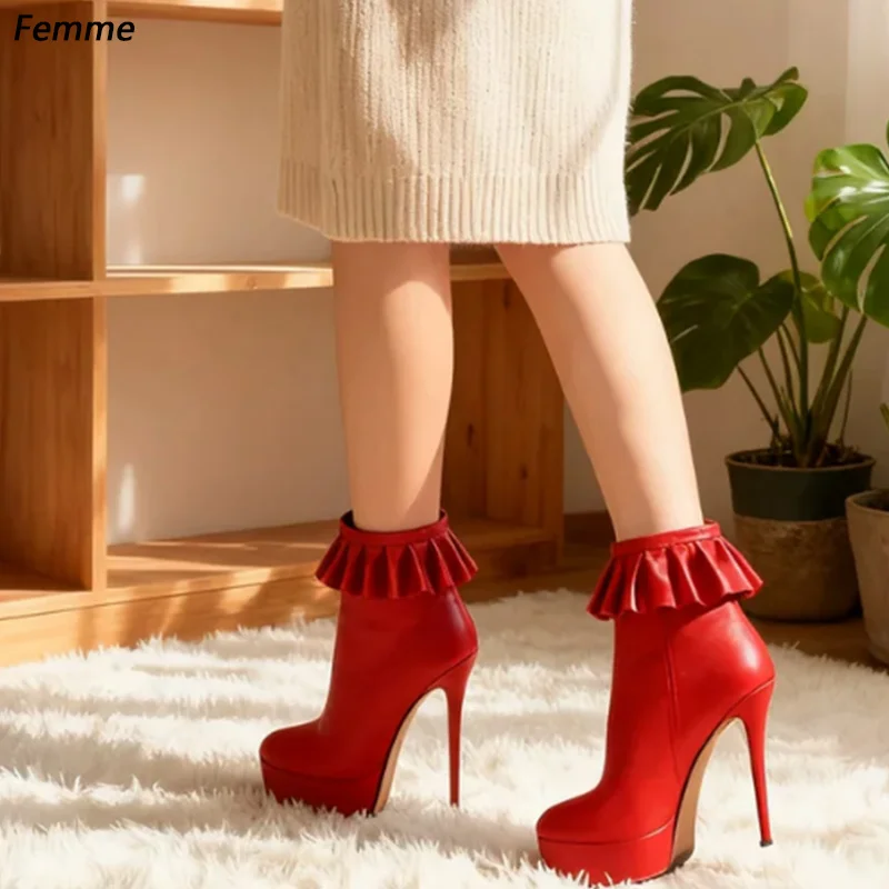 

Femme Artisan Made Pink Patent Leather Ankle Boots with Frilled Cuff - Platform Heels Gothic Shoes Ladies US Plus Size 5-20