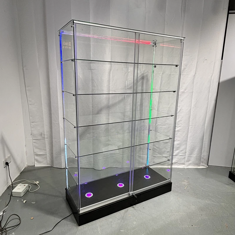 custom.OEM/ODM 6 ft  Glass Mirror Display Showcase Sliding Door Adjustable Display Cabinet Aluminum MDF Retail