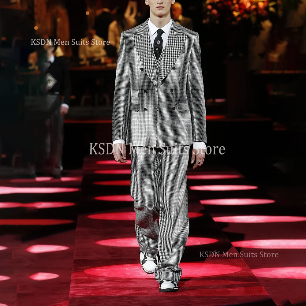 

Men's New Arrival Suit Fashion Double Breasted Casual Loose Houndstooth Outfits 2 Piece Daily Special Occasion Jacket Pants