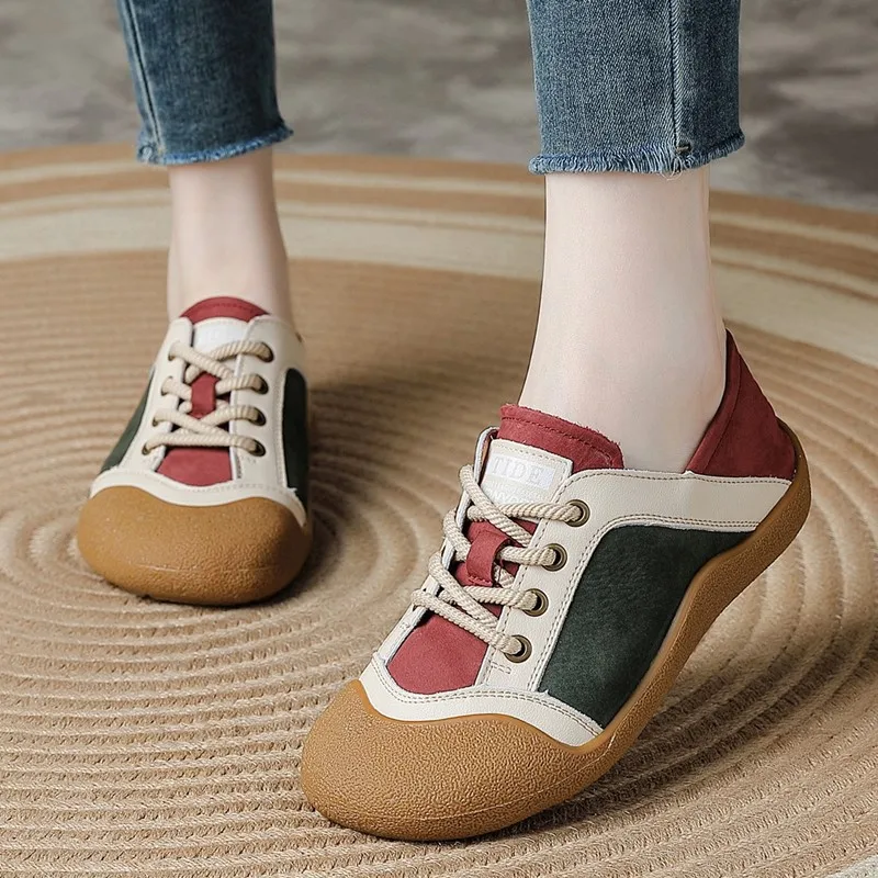 Women's Genuine Leather Casual Sneakers, Multi-color Flat-bottomed Women's Shoes, Durable Daily Walking Shoes, Mom's Shoes