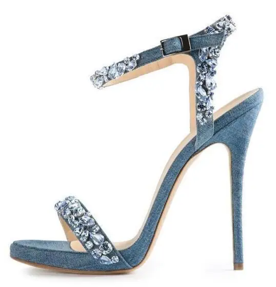 Women Fashion Blue Denim Bling Crystal Diamond One Line Ankle Buckle Strap Stiletto Heel Summer Sandals Party Shoes