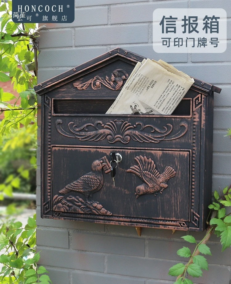 Door number Large European retro wall-mounted villa mailbox Outdoor rainproof cast aluminum newspaper box Milk community mailbox