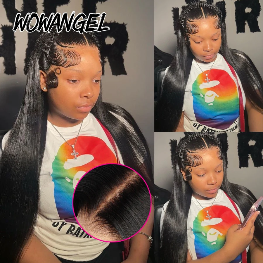 WowAngel 250% 13x6 HD parrucche frontali in pizzo 34in Bye Bye nodi parrucche diritte di seta per capelli umani pelli capelli brasiliani fusi per le donne