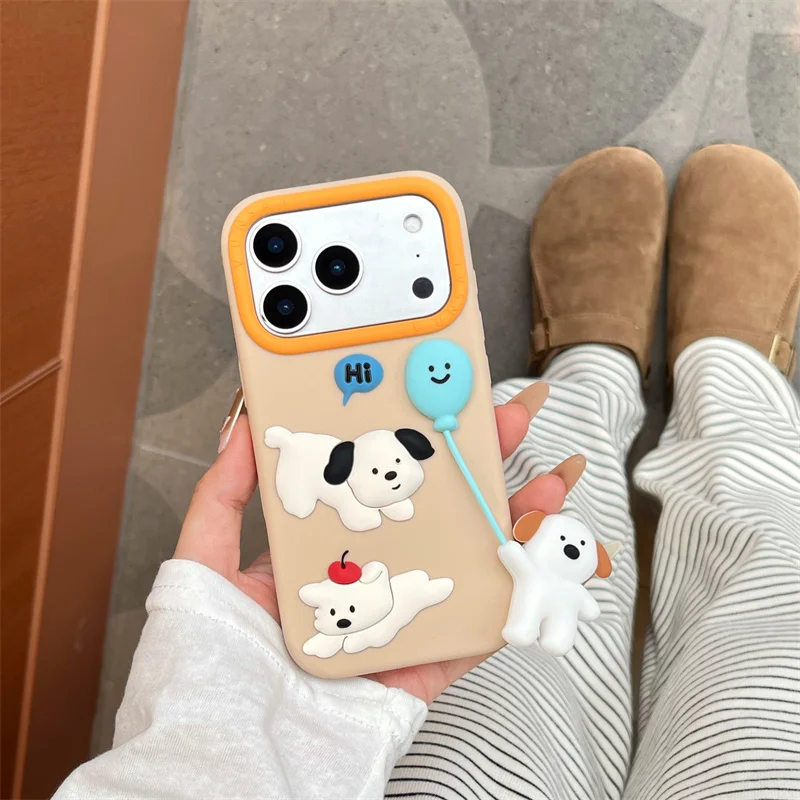 

3D Cartoon Dog wrist strap Phone Case For iPhone 17 15 14 Plus 12 13 Pro Max 15promax 16promax Cute Patterns Silicone Cover Girl