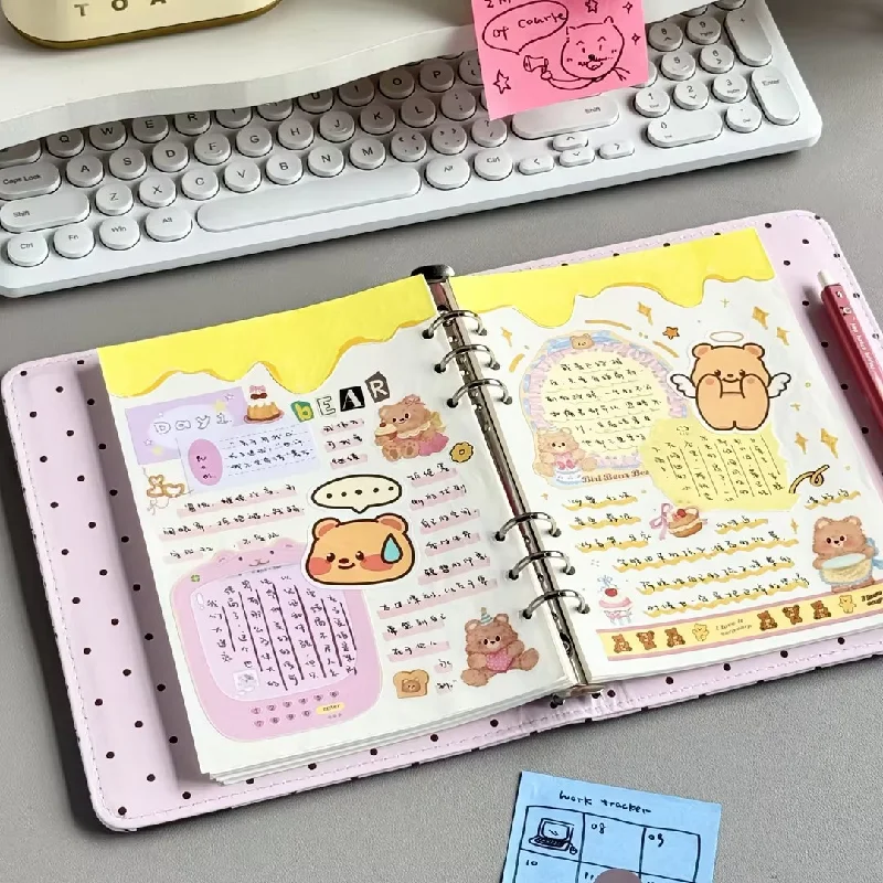 Cute Polka Dot Piano PU Leather Loose Leaf Binder Notebook Detachable Pages Portable Journal for School