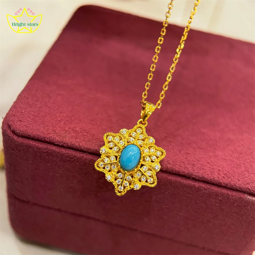 

Ожерелье Bright Stars из стерлингового серебра S925 с бирюзой и снежинкой, ожерелье с выдолбленным цветком в виде листьев