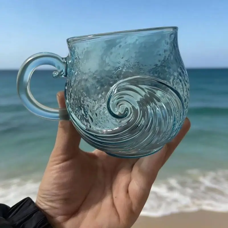 Lead-Free Clear Wave Pattern Glass Coffee Mug with Ergonomic Handle for Home Office Drinking Gifting Decor