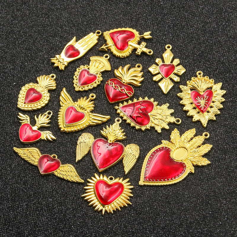 5PCS 14 Styles Mixed Alloy Drop Oil Red Gold Heart Skull Wing Charms For Jewelry Making DIY Handmade Animal Halloween Pendant