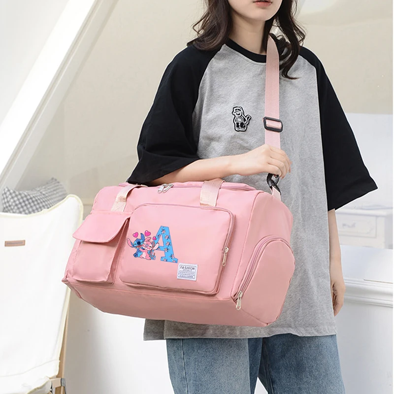 Stitch Disney Women Carry on Travel Bag Letter ABC Large Capacity Gym Duffle Bags Shoe Compartment Sport Fitness HandBag Gifts