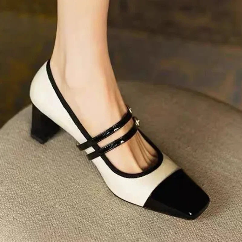 2023 Spring New High Heels Women Shoes Designer Square Toe Chunky Sandals Sexy Party Shoes Retro Mary Janes Pumps Zapatillas