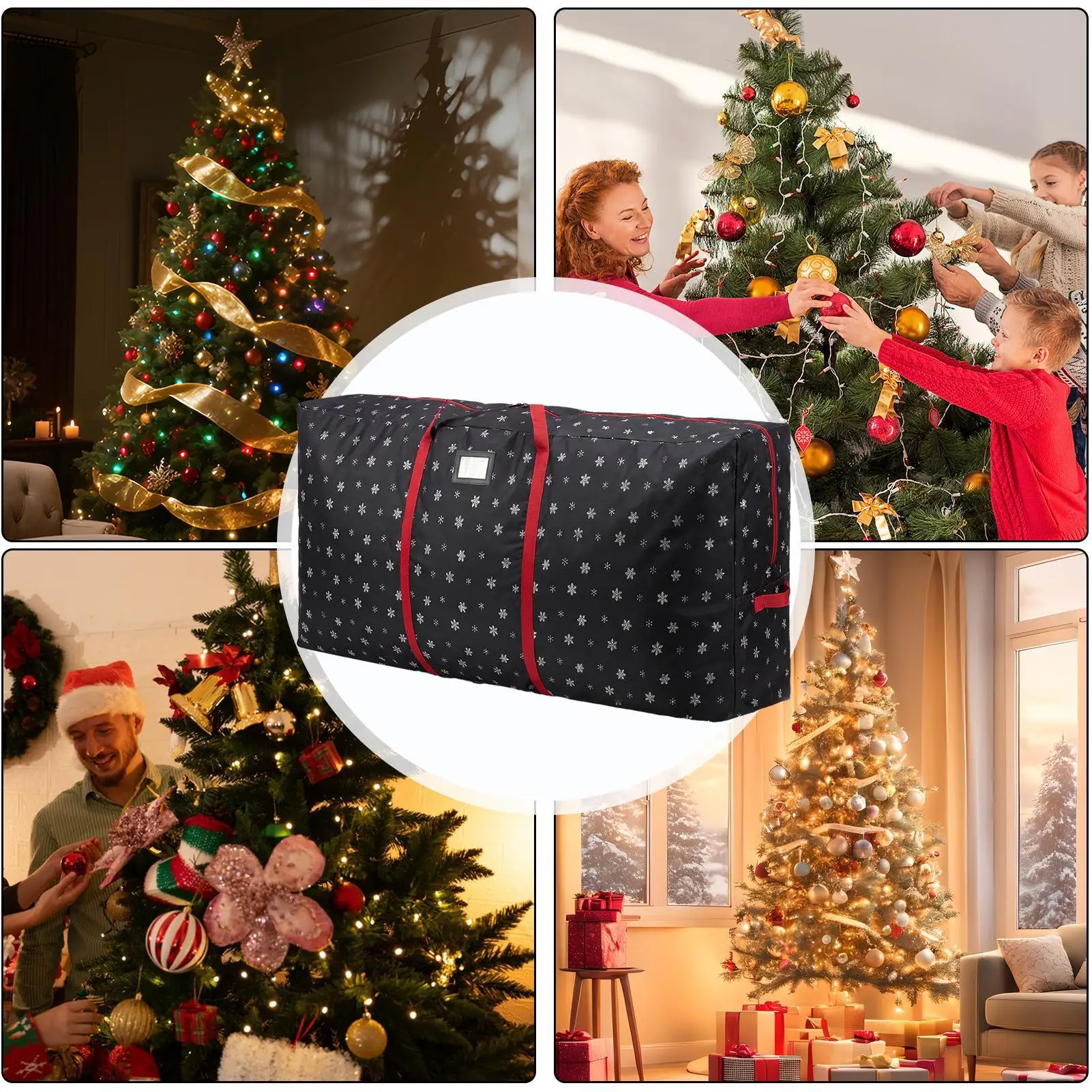 Christmas Tree Box Waterproof Reinforced Handles Snowflake Moving Tote Zipper Christmas Tree Storage Bin For Home Living Room