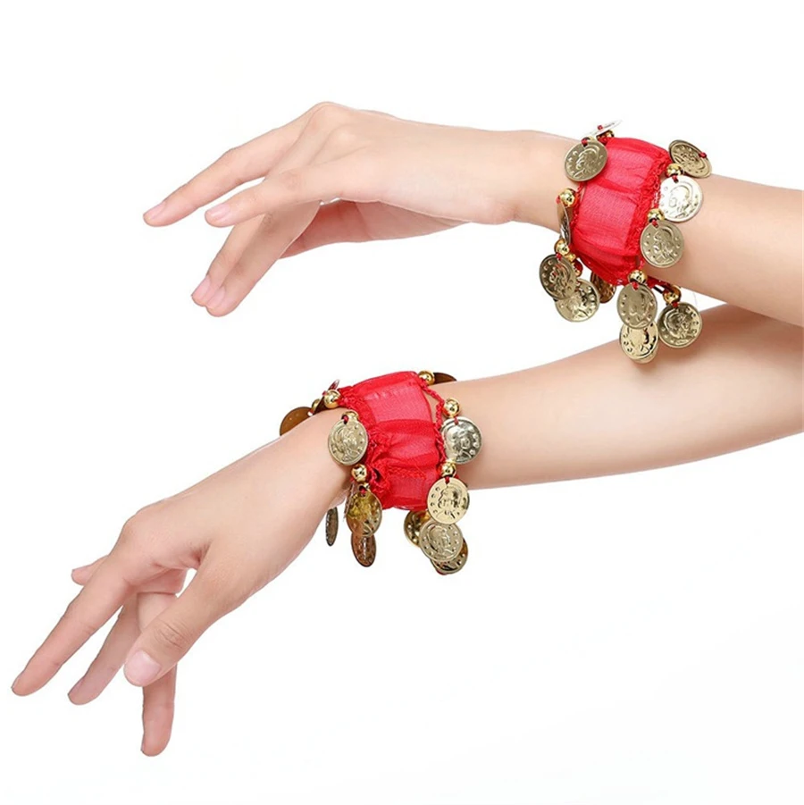 Bracciale di danza del ventre in chiffon da 1 paio/2 pezzi con polsino elastico per cavigliera da polso per danza del ventre con monete