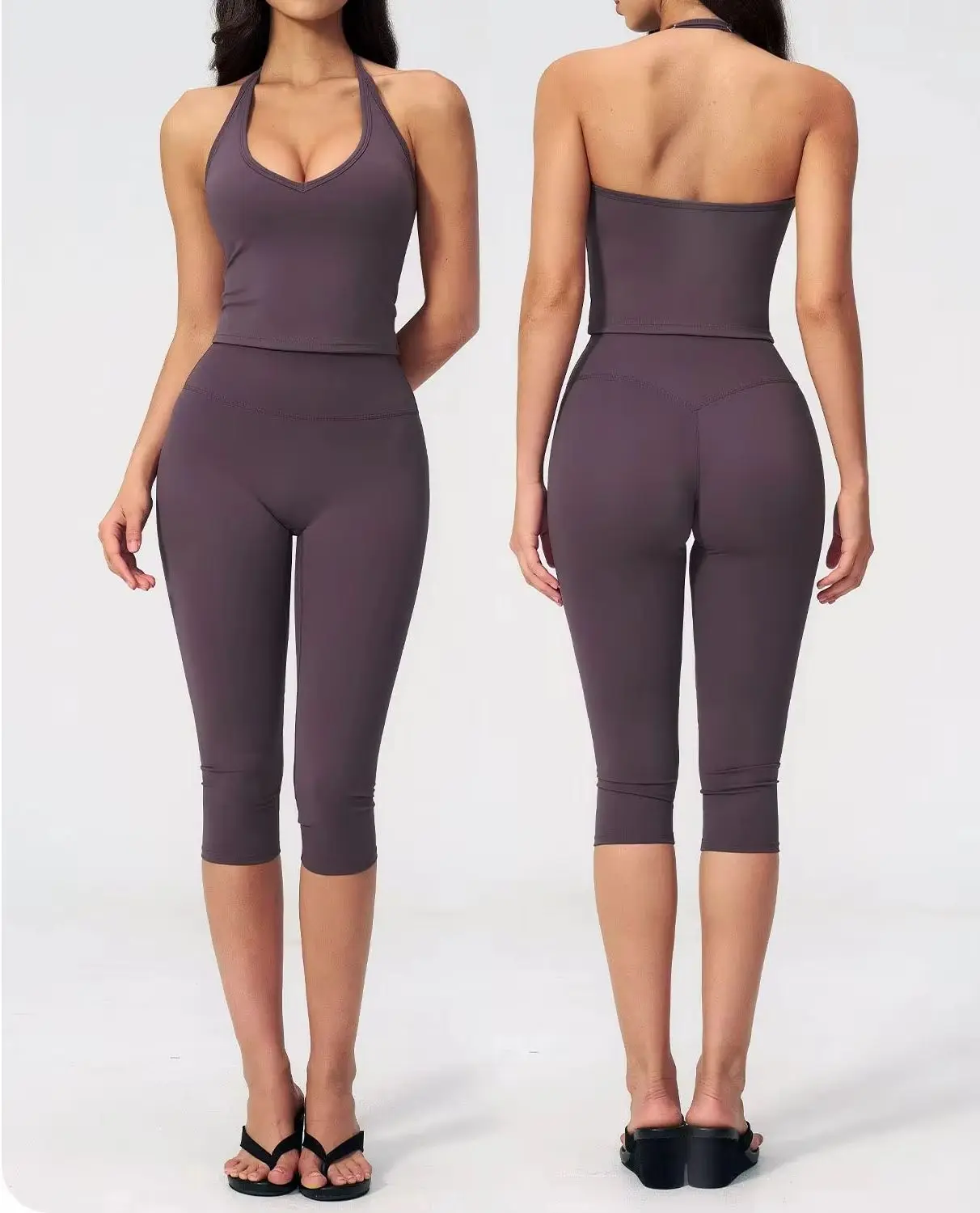 Womens Tracksuits Yoga Set Halter Tank Top High Waist Capri Leggings Quick Dry Workout Gym Fitness Sports Pants 2Pcs Clothing