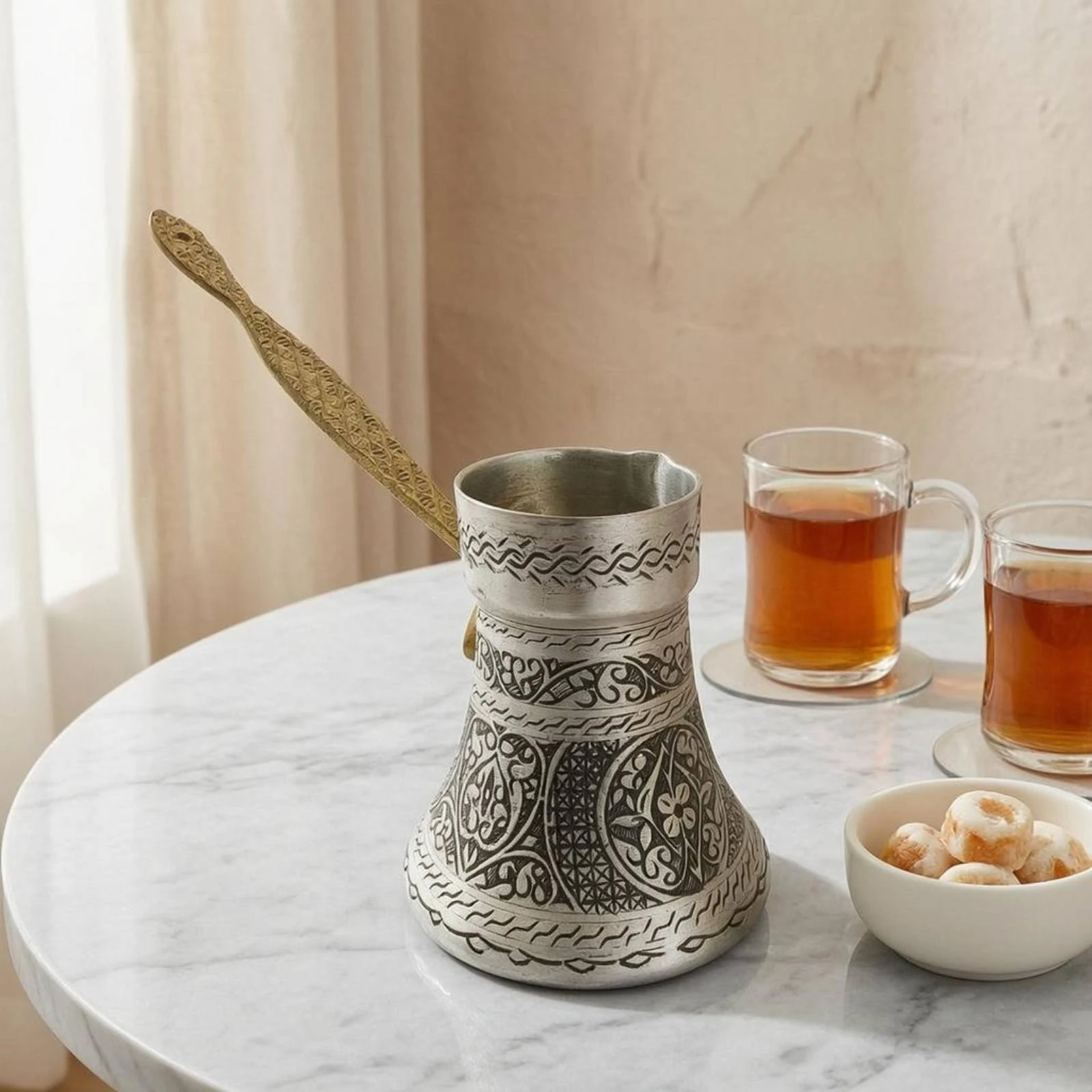 Turkish Coffee Pot Long Handle Ibrik Coffee Brewer Kitchenware Silver-Toned Tableware Traditional Design view 6