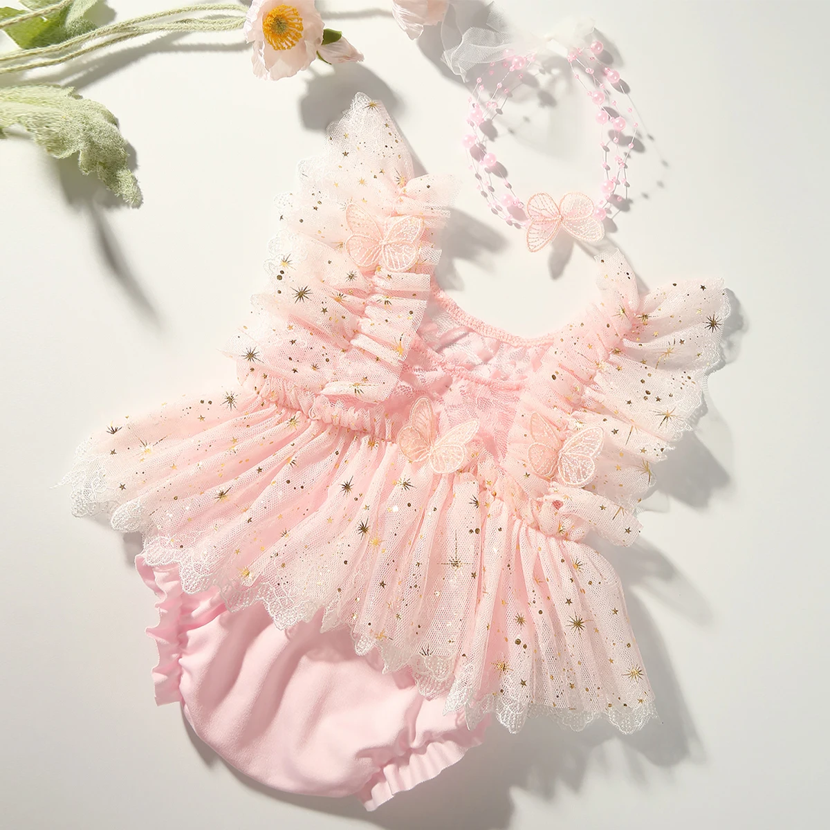 Ylsteed Newborn Photography Outfit Baby Girl Butterfly Glitter Star Lace Romper with Pearl Headband Infant Photo Props