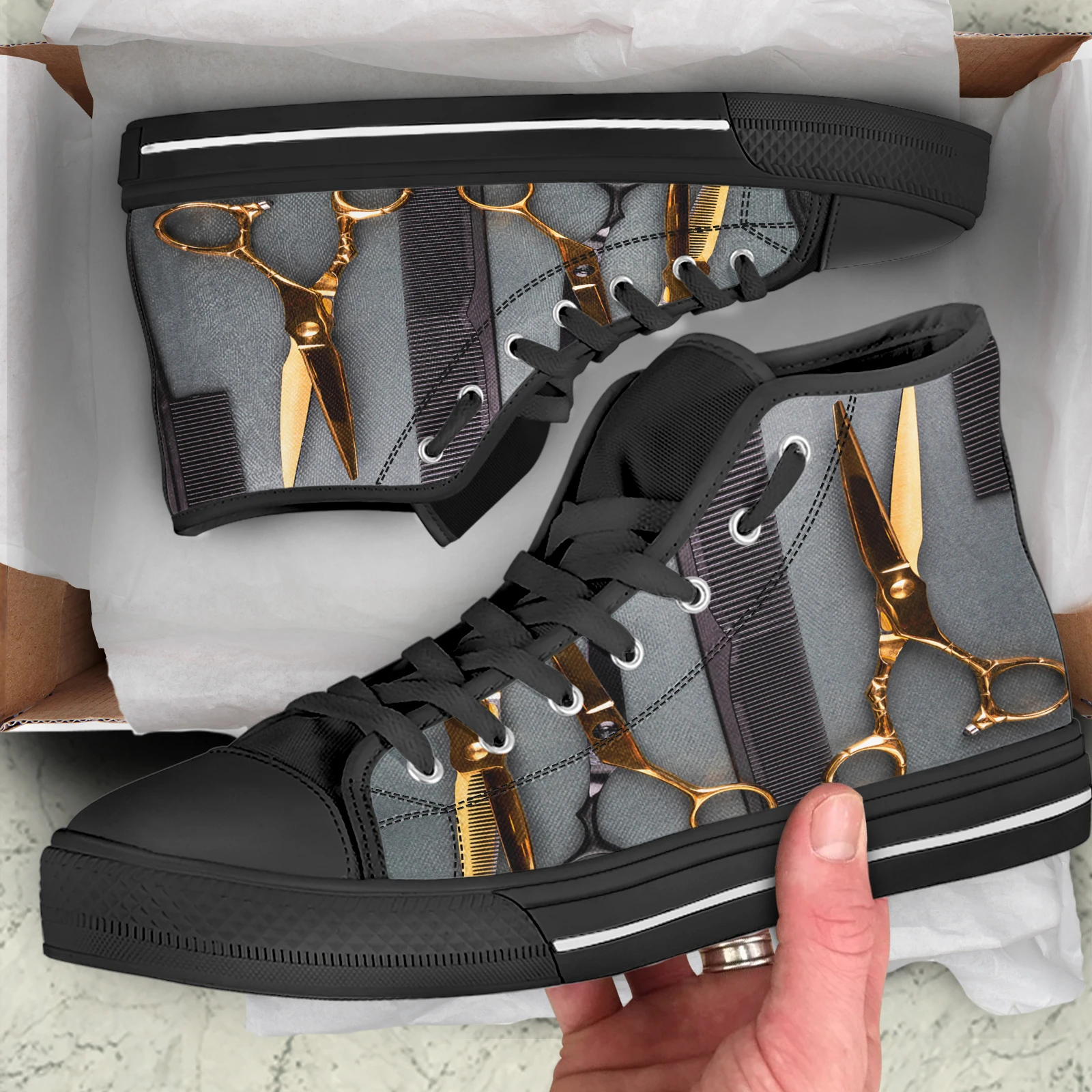 ELVISWORDS Newest Vulcanized Shoes Barber Accessories Design Light for Boys Girls High Top Flats Classic Women's Casual Sneakers