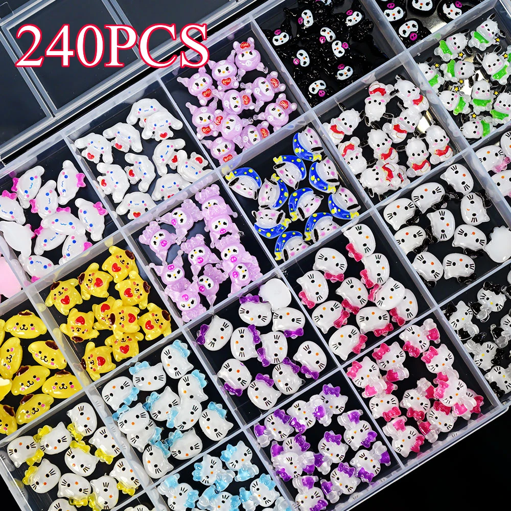 

240Pcs/BOX Sanrio Family Nail Accessories 3D Cute Cartoon Hello Kitty Kuromi Fashion Nail Art Jewelry Cat Head DIY Nail Charm#dl