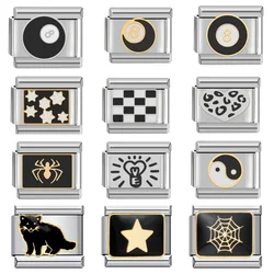2024 Women's Black Series Heart Flower Cat Spider Italian Charms Links Beads Fit 9mm Stainless Steel Bracelet Jewelry