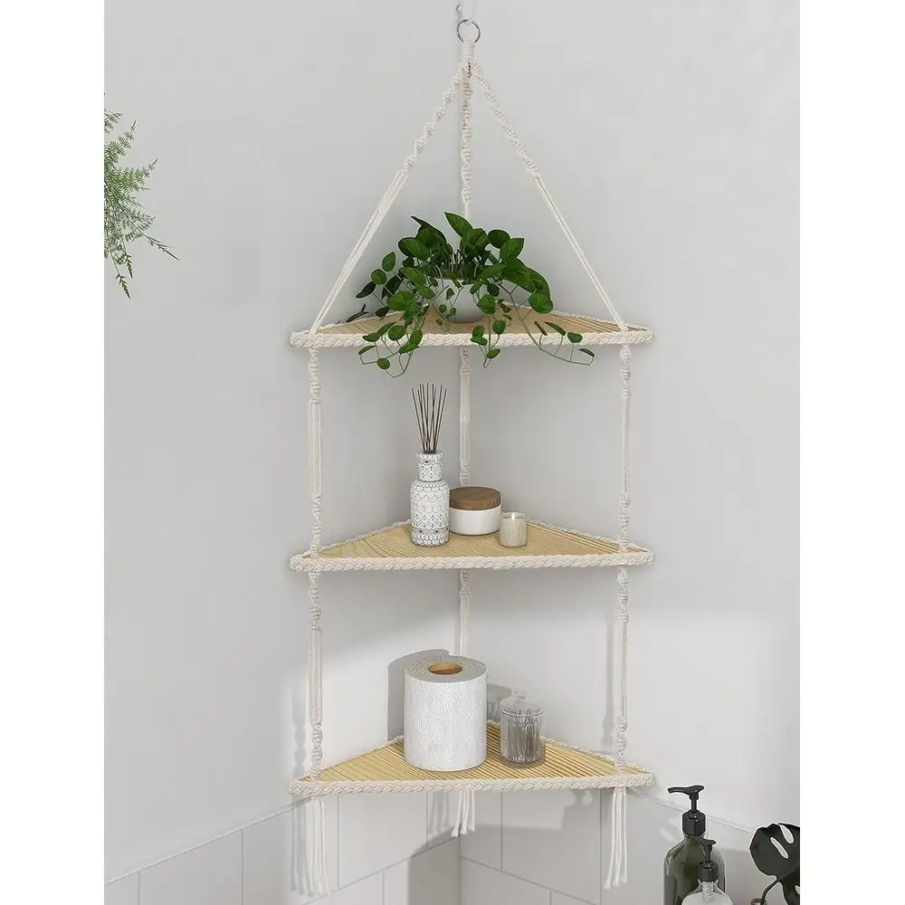 

3-Tier Macrame Floating Shelf - White Rope, Boho Style for Home Decor and Storage