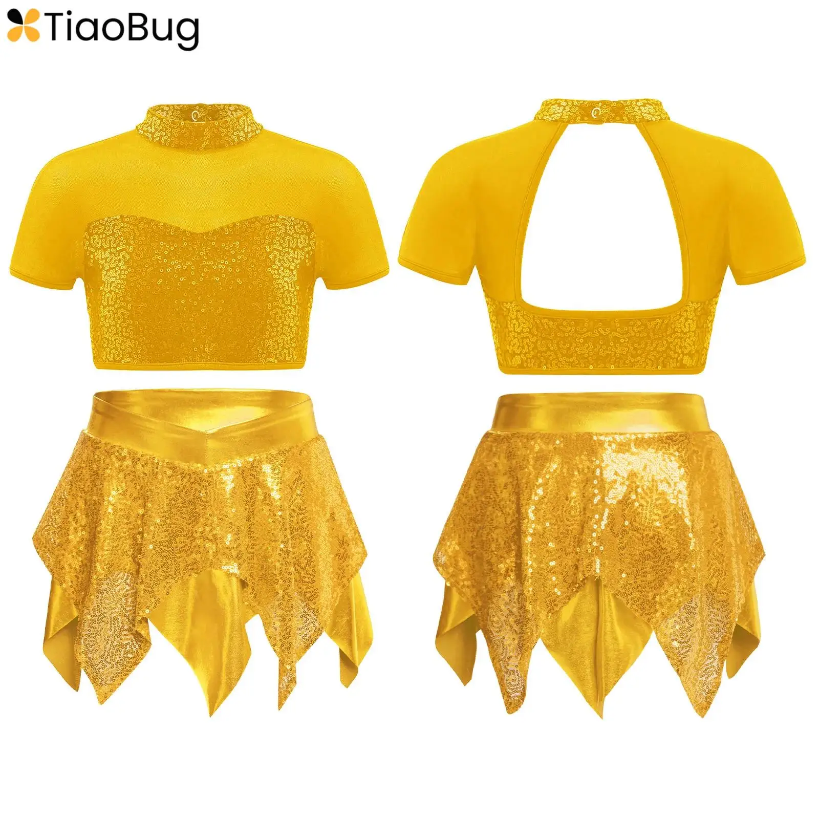 

Kids Girls Jazz Latin Dance Outfit Short Sleeve Cutout Back Shiny Sequins Shirt Crop Top+Asymmetrical Skirt Cheerleading Uniform