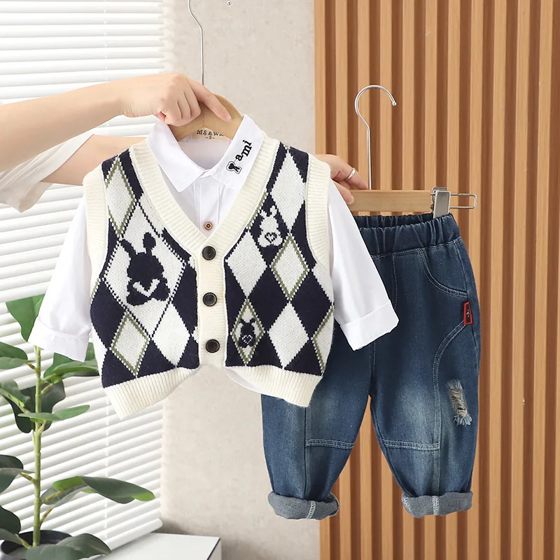 

Toddler Outfits 2023 Spring Autumn Baby Boy Clothes Free Shipping Casual Diamond Rabbit Knitted Wool Vest Shirts Pants Kids Set