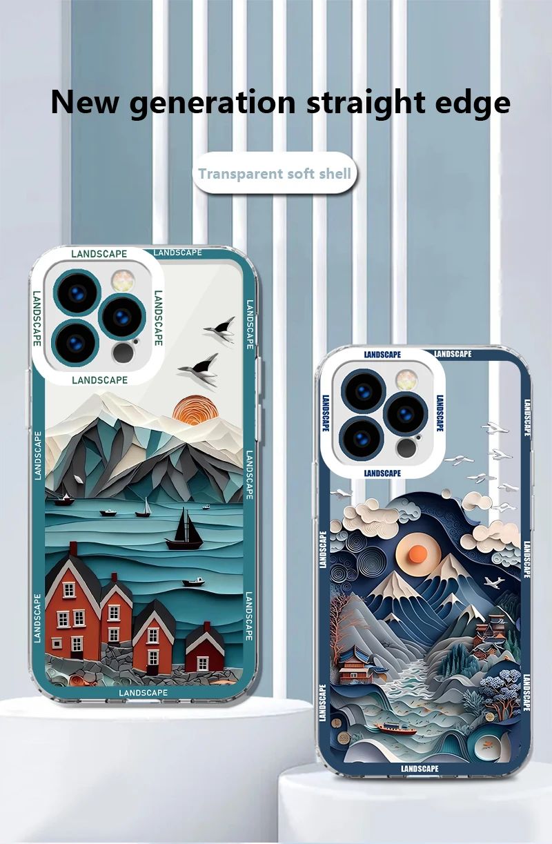 For IPhone 11 12 13 14 15 7 Pro Plus Pro Max mini X XS Max XR Angel Eye Transparent Shell Nordic countryside Scenic Village