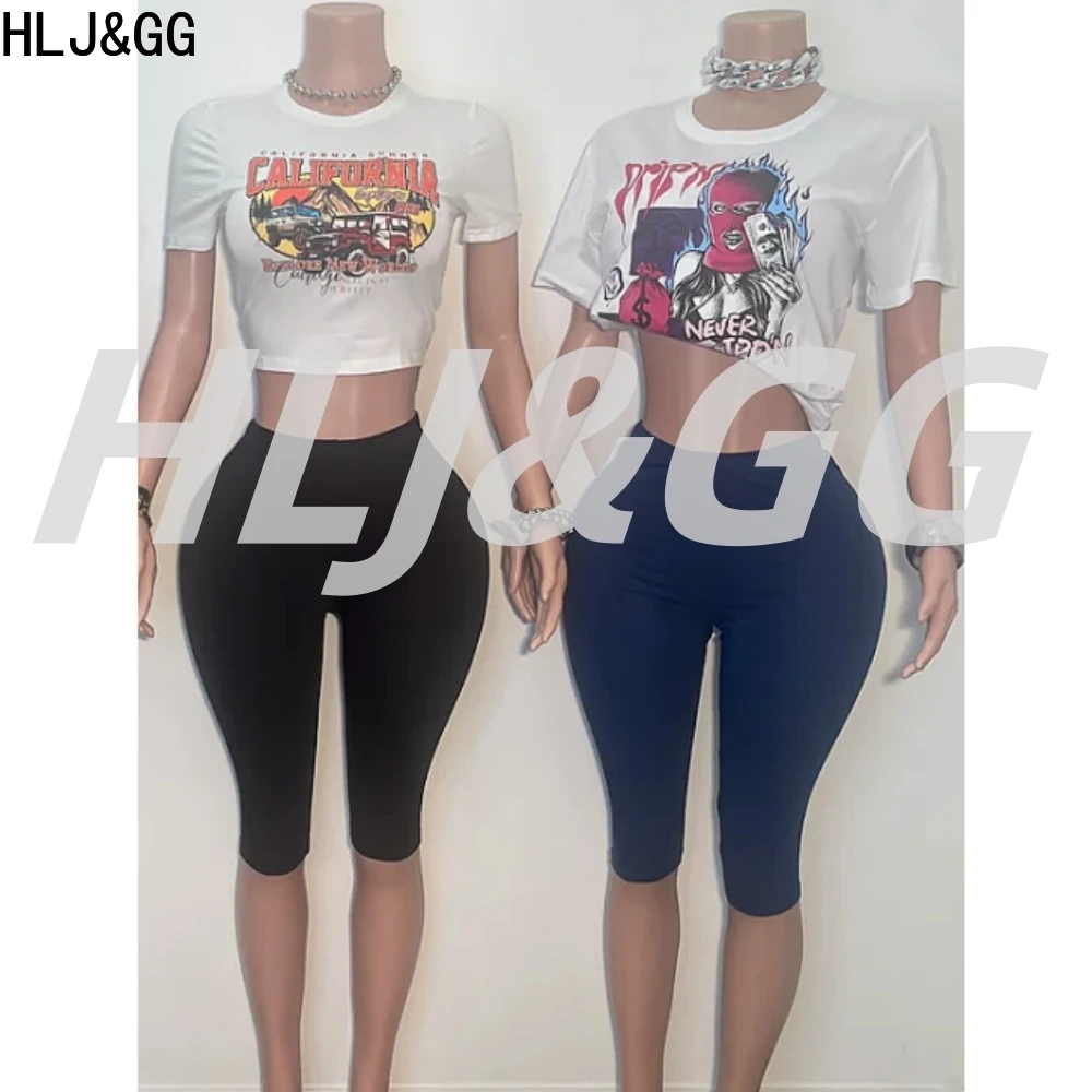 

HLJ&GG Y2K Fashion Pattern Print Crop Top Two Piece Sets Women O Neck Short Sleeve Tshirts + Pants Outfits Summer New Streetwear