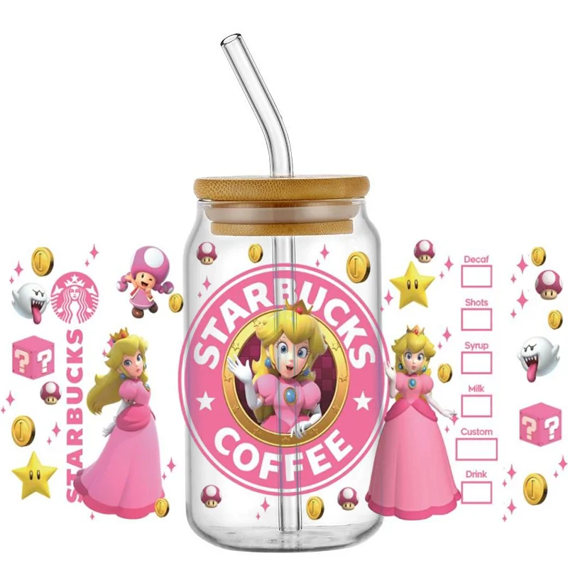 Miniso kreskówka super Mario wzór 16OZ UV DTF folia na kubek naklejki transferowe niestandardowe DIY wodoodporne logo dla Libbey szklana puszka