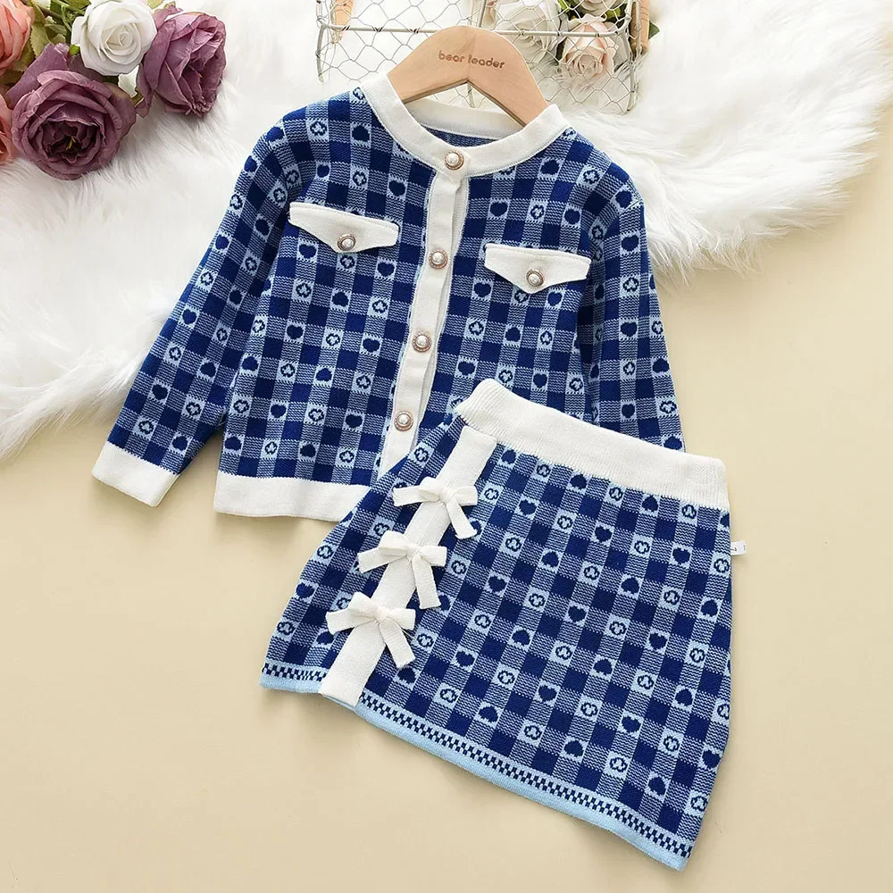 Autumn and Winter Girls Clothes Checkered Love Printed Sweater Sets Single Breasted Cardigan Top+bow Skirt kids clothes