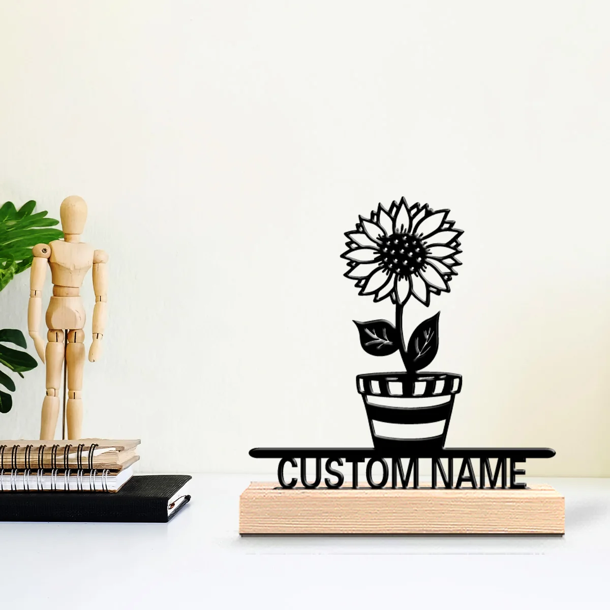 1pc Simple flower Customized Name Metal Statue Metal Ornament Art Crafts With Wood Base Metal Ornament For Children Gifts view 3