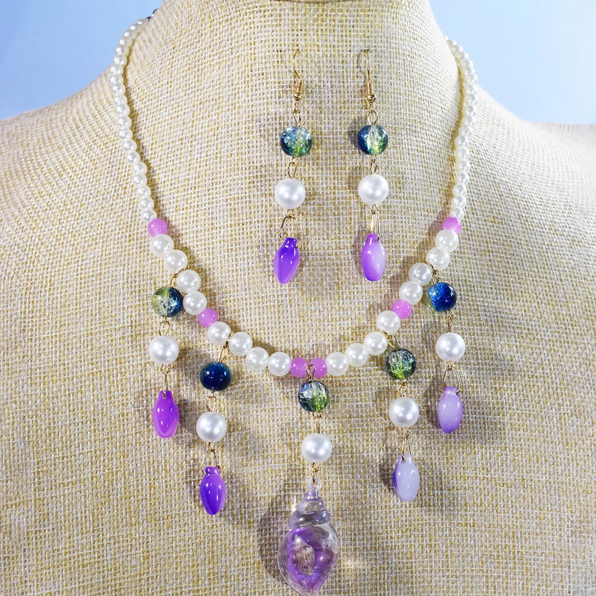 حلم الأرجواني البوب الزجاج الخرز تقليد اللؤلؤ مزيج قلادة أقراط الأزياء محارة قلادة هامش الاكسسوارات الرقبة مجوهرات #1