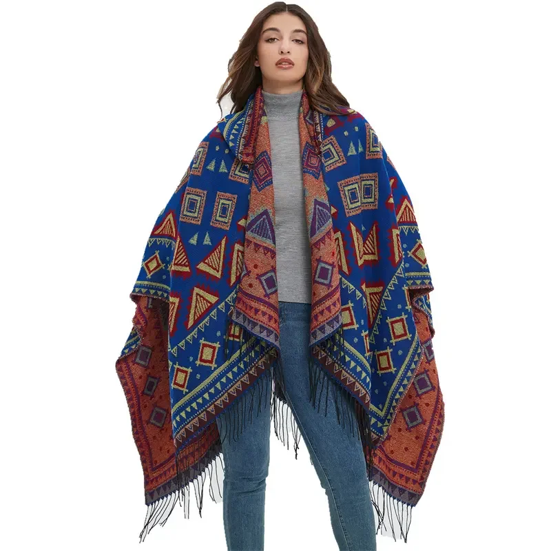 Women Vintage Multifunction Bohemian Shawl Scarf Tribal Fringe Striped Cardigans Blankets Cape Tassel Shawl Poncho