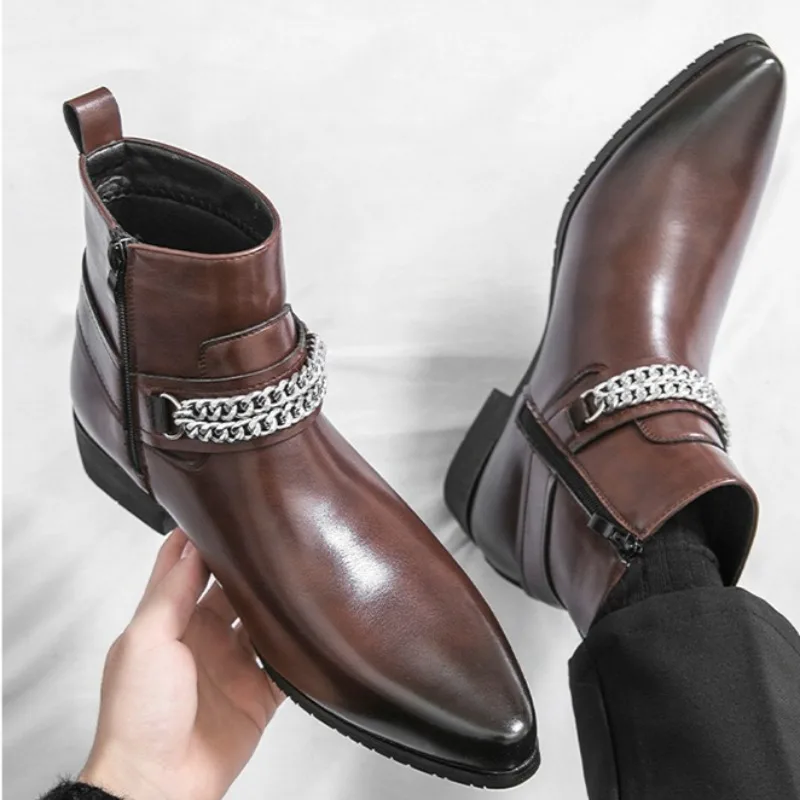 Men's Chelsea Boots British Style High Top Leather Boots Classic Business Dress Booties Fashion Chain Designer Men's Ankle Boots