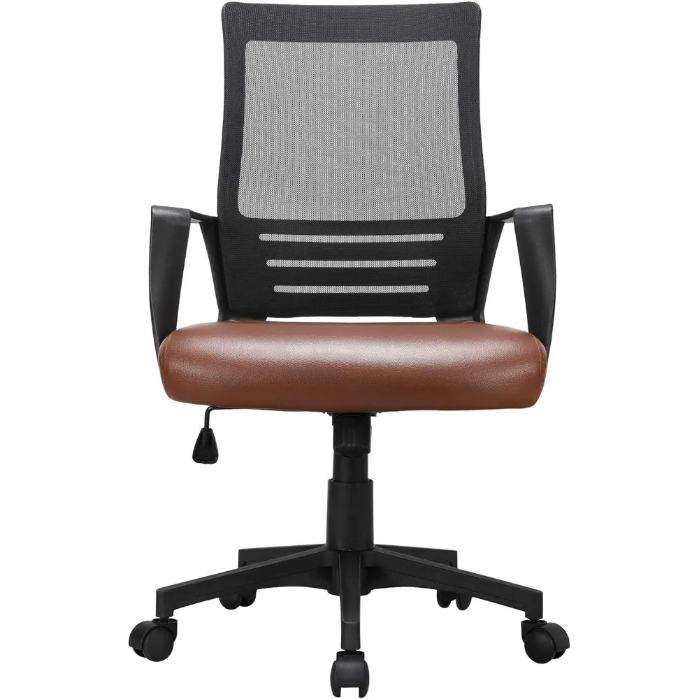 Yaheetech Mid Back Mesh Office Chair with Leather Seat Executive Office Computer Task Chair with Armrests and Lumbar Support, Br