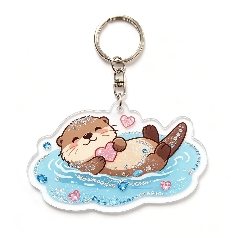 New Valentine's Day Sparkling Diamond Otter Acrylic Keychain Rose Love Couple Backpack Keyring Hanging Decoration Pendant Gifts view 5