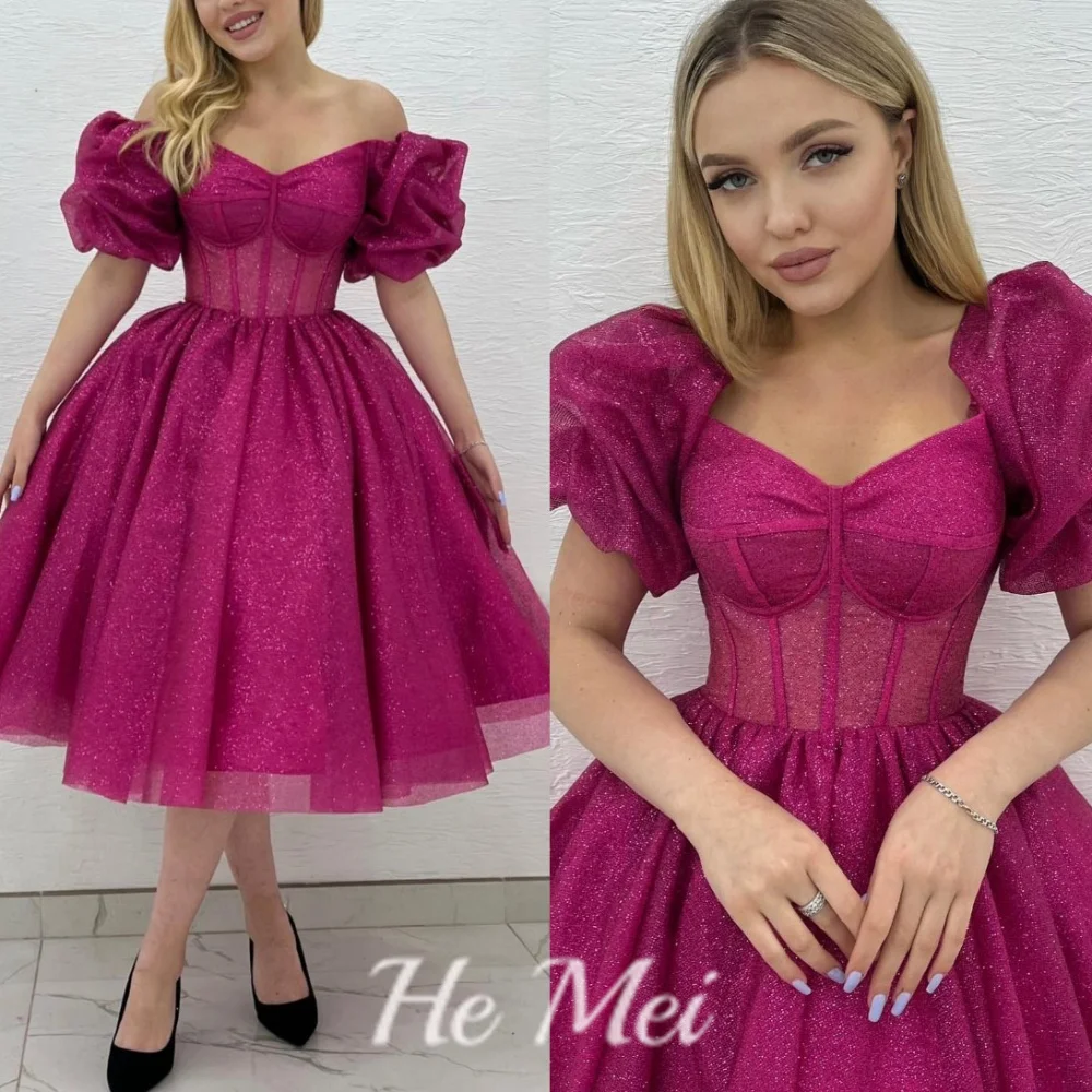 

Romantic Prom Dress For Women Sweetheart Neck A Line Shiny Evening Gowns Off The Shoulder Mid Calf Length Party Dresses