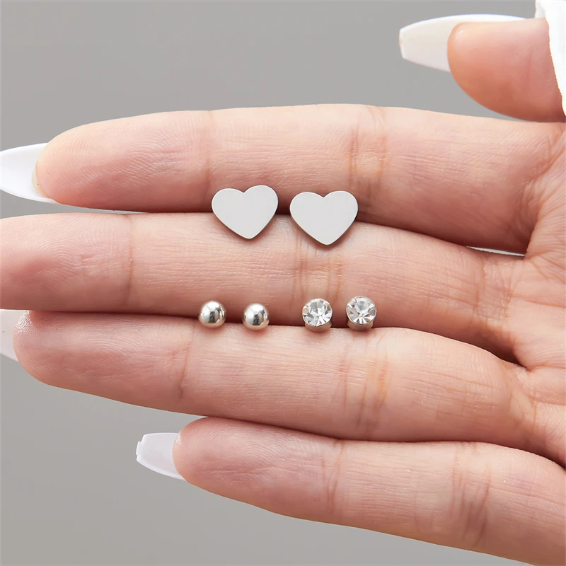 3 Pairs Hypoallergenic Stainless Steel Stud Earrings Set For Women Girl Geometric Heart Star Moon Mini Earrings Wedding Jewelry