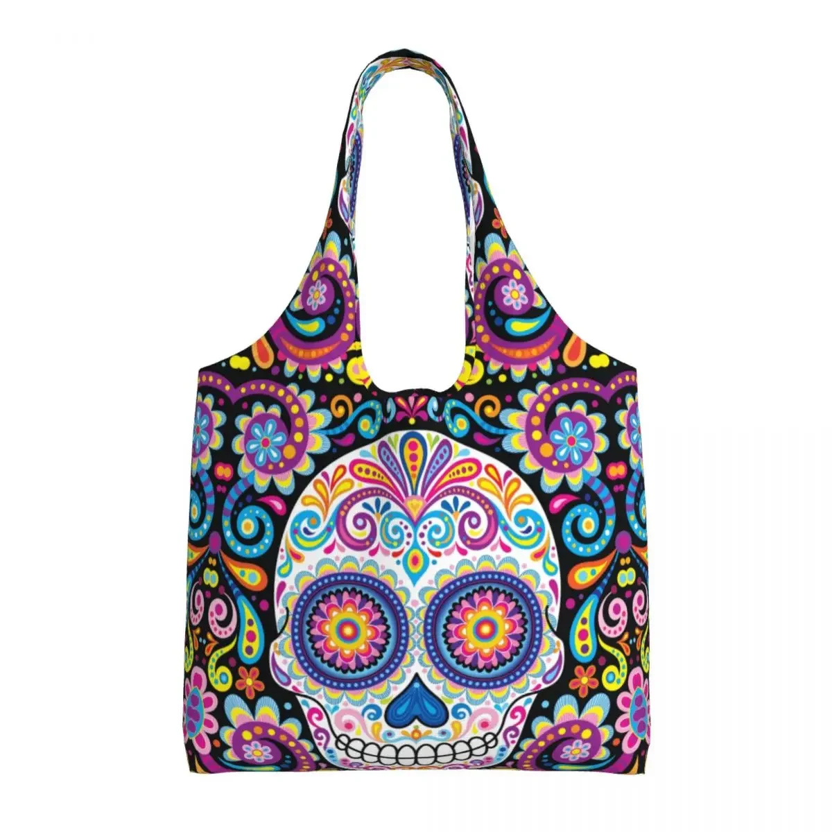 

Fashion Print Halloween Sugar Skull Tote Shopping Bags Portable Canvas Shopper Shoulder Day Of The Dead Mexican Flowers Handbag