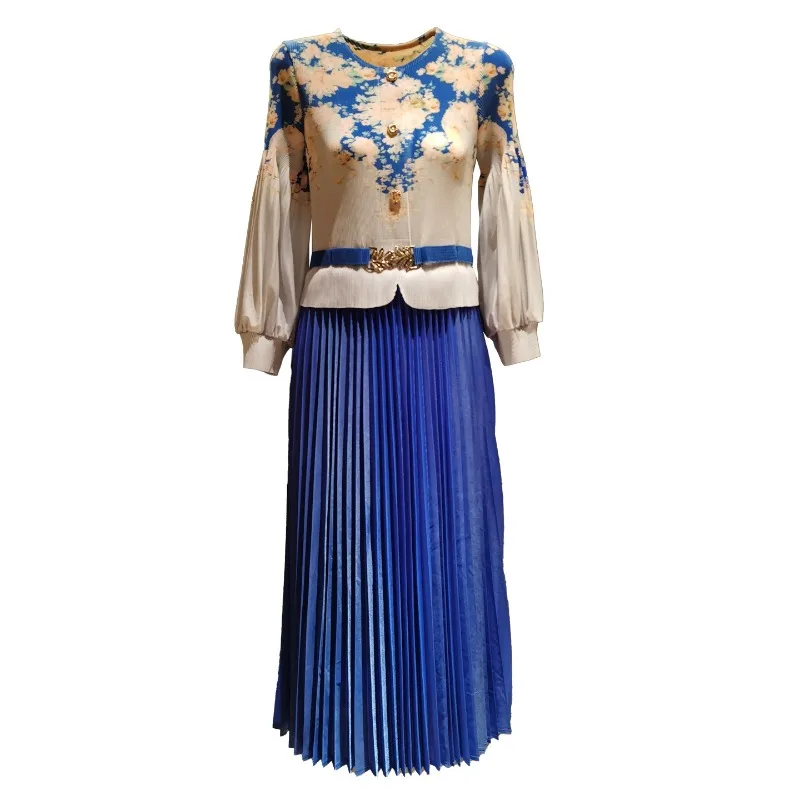 فساتين مياكي ذات ثنيات لخريف 2025 فستان عتيق مطبوع بطيات فستان جديد بأكمام واسعة وخصر نحيف ورقبة مستديرة تنورة طويلة #6